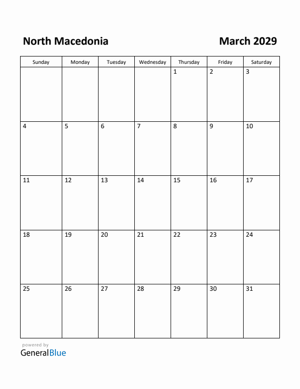 March 2029 Calendar with North Macedonia Holidays