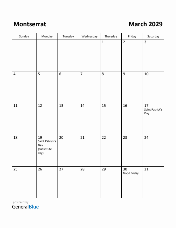 March 2029 Calendar with Montserrat Holidays