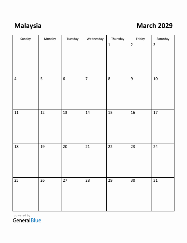 March 2029 Calendar with Malaysia Holidays