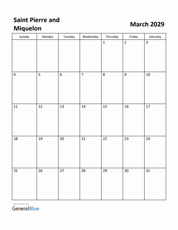 March 2029 Calendar with Saint Pierre and Miquelon Holidays