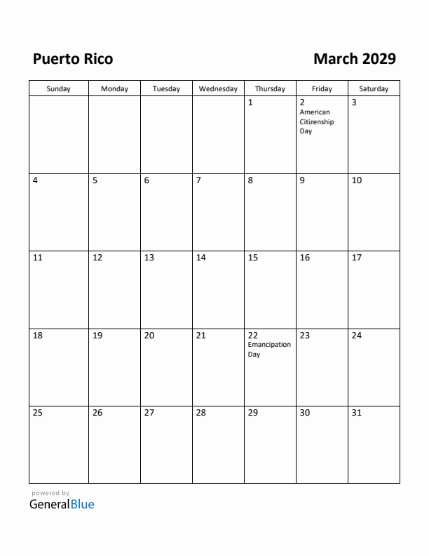 March 2029 Calendar with Puerto Rico Holidays