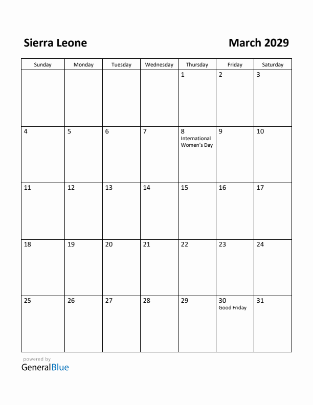 March 2029 Calendar with Sierra Leone Holidays