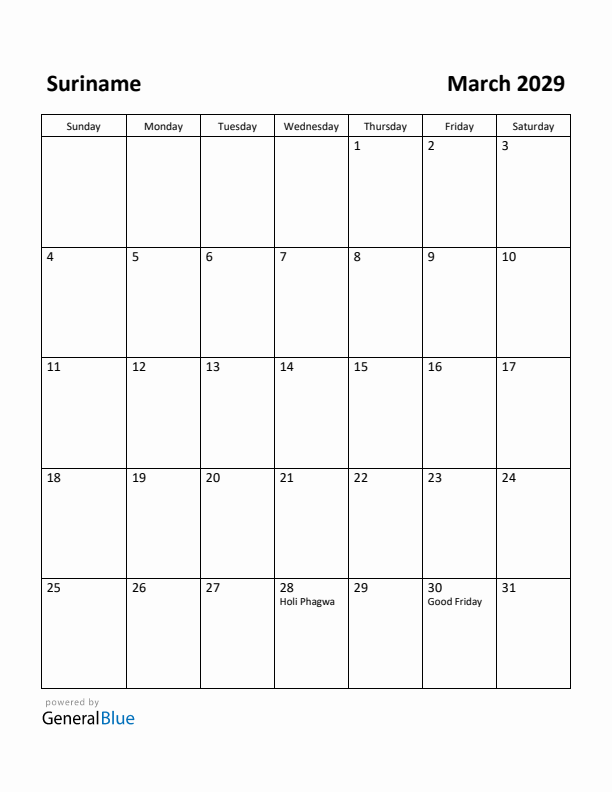 March 2029 Calendar with Suriname Holidays