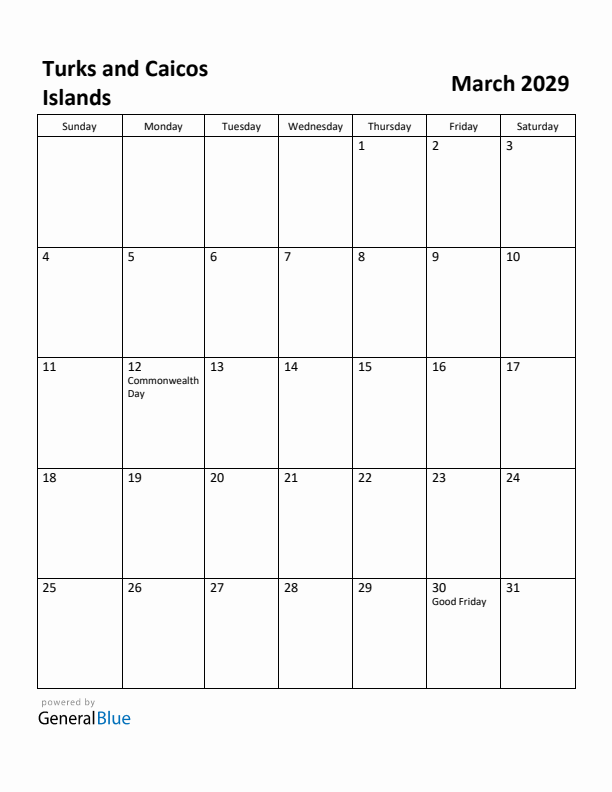March 2029 Calendar with Turks and Caicos Islands Holidays