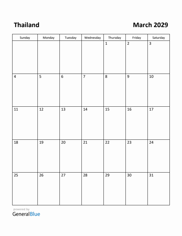 March 2029 Calendar with Thailand Holidays