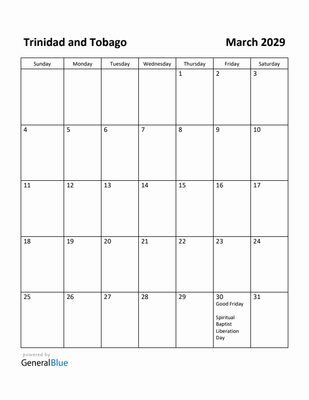 March 2029 Calendar with Trinidad and Tobago Holidays