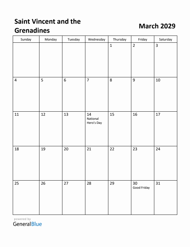 March 2029 Calendar with Saint Vincent and the Grenadines Holidays