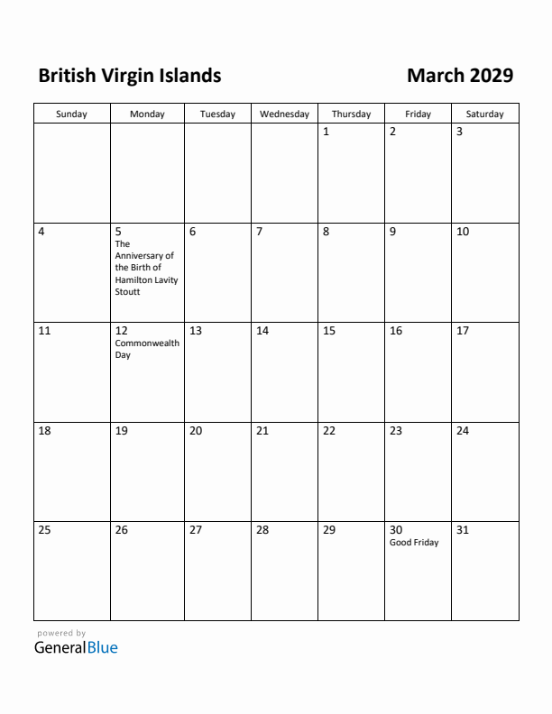 March 2029 Calendar with British Virgin Islands Holidays