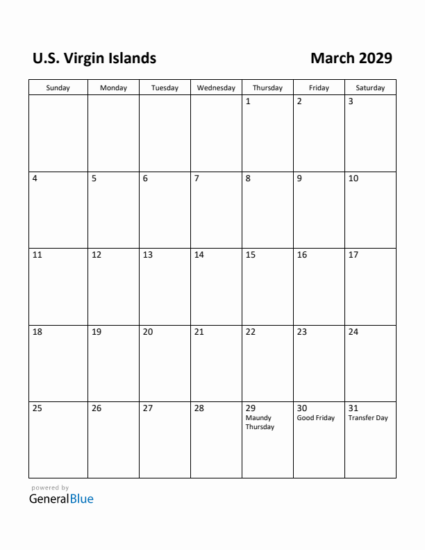 March 2029 Calendar with U.S. Virgin Islands Holidays