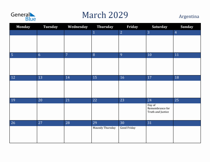 March 2029 Argentina Calendar (Monday Start)