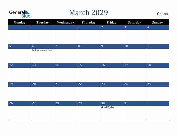 March 2029 Ghana Calendar (Monday Start)