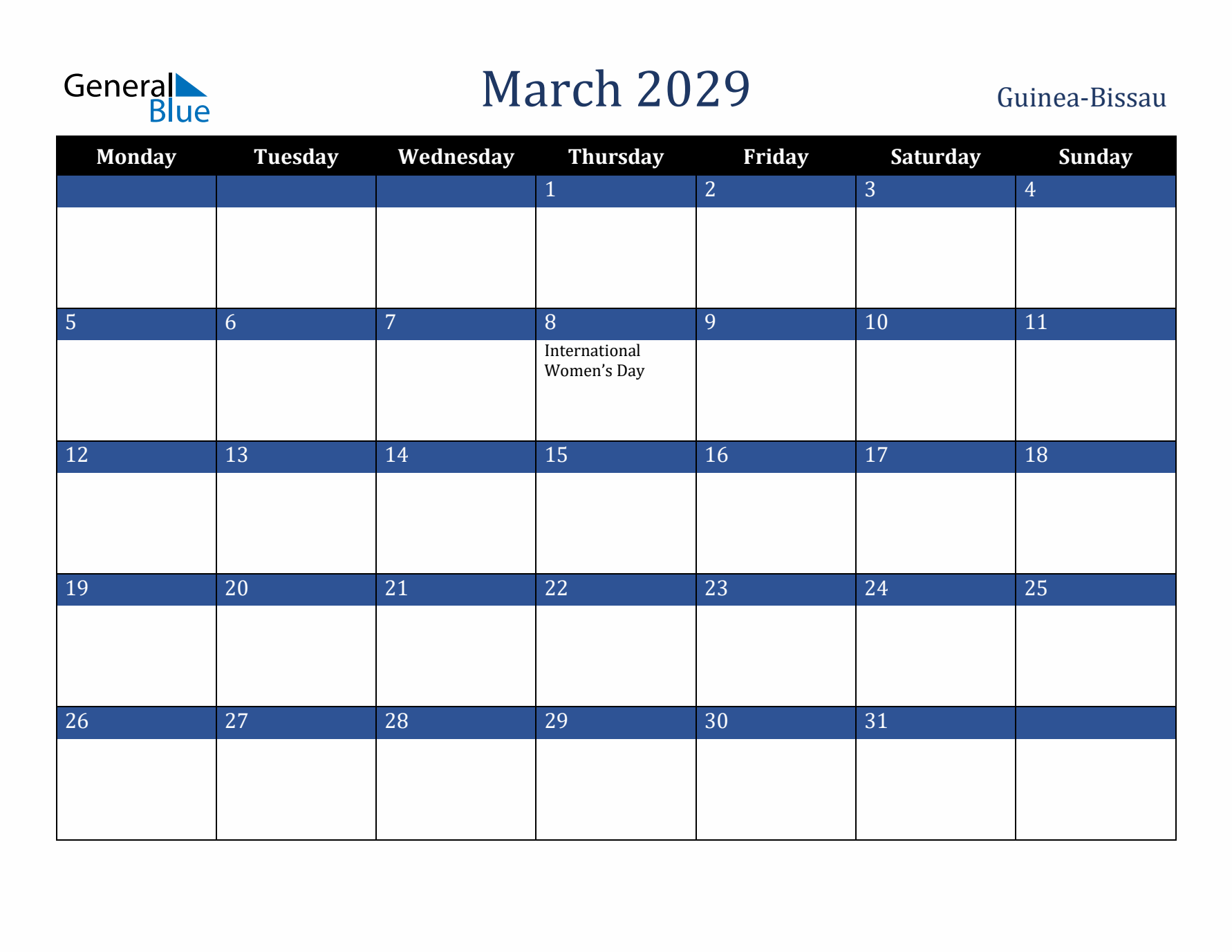 March 2029 Guinea-Bissau Calendar (Monday Start)