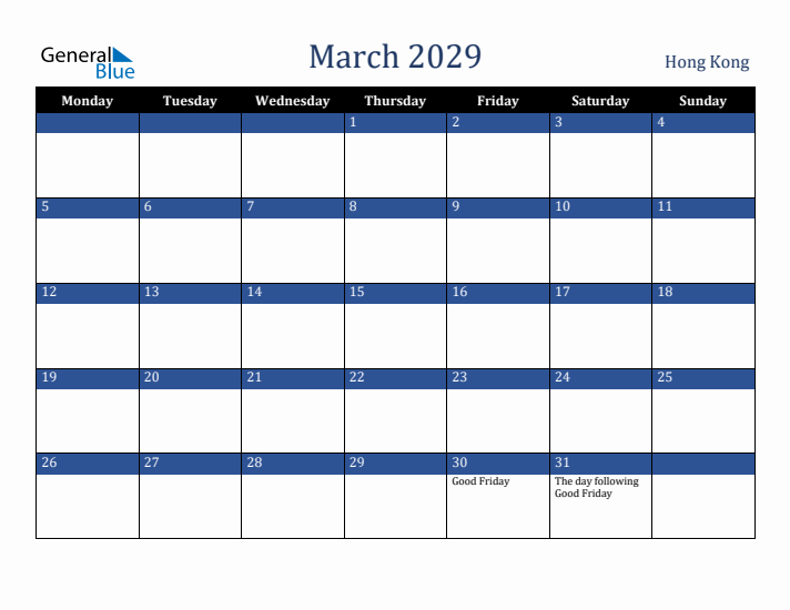 March 2029 Hong Kong Calendar (Monday Start)