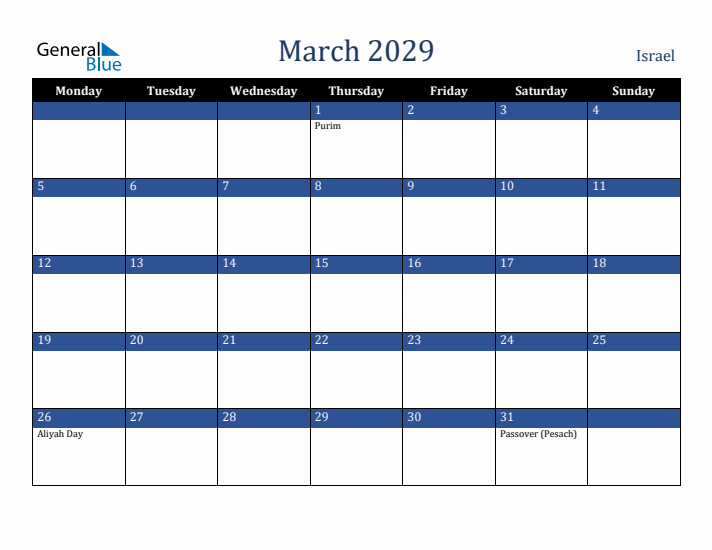 March 2029 Israel Calendar (Monday Start)