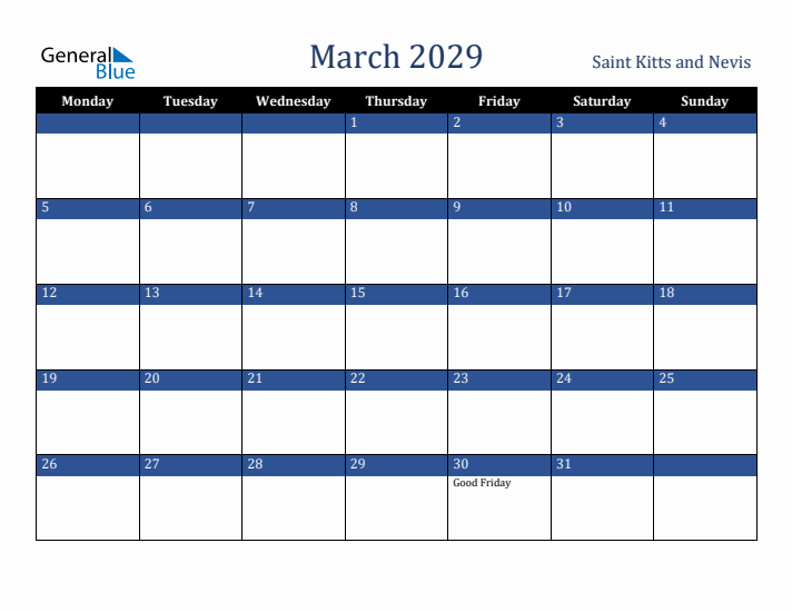 March 2029 Saint Kitts and Nevis Calendar (Monday Start)