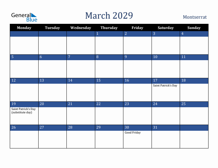 March 2029 Montserrat Calendar (Monday Start)