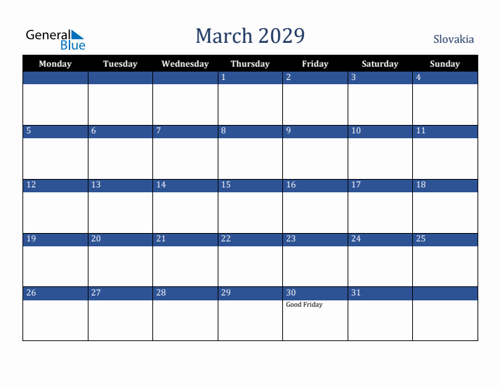 March 2029 Slovakia Calendar (Monday Start)