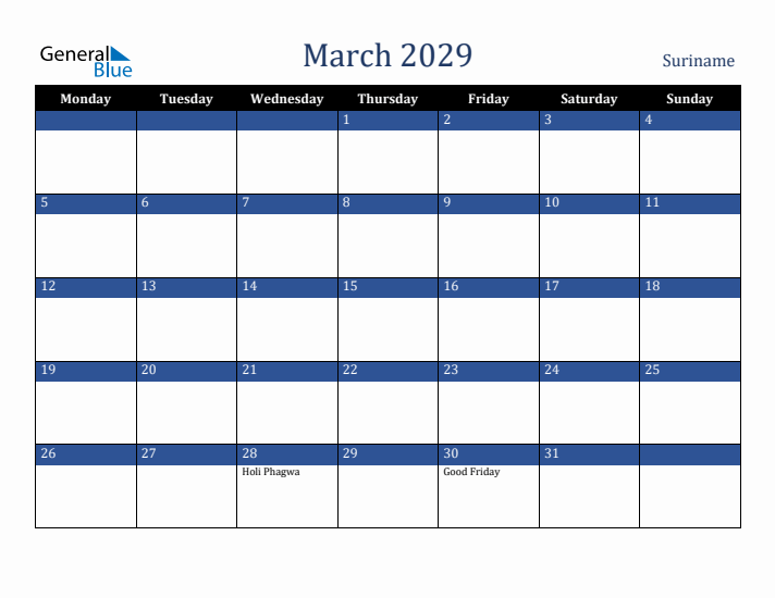 March 2029 Suriname Calendar (Monday Start)