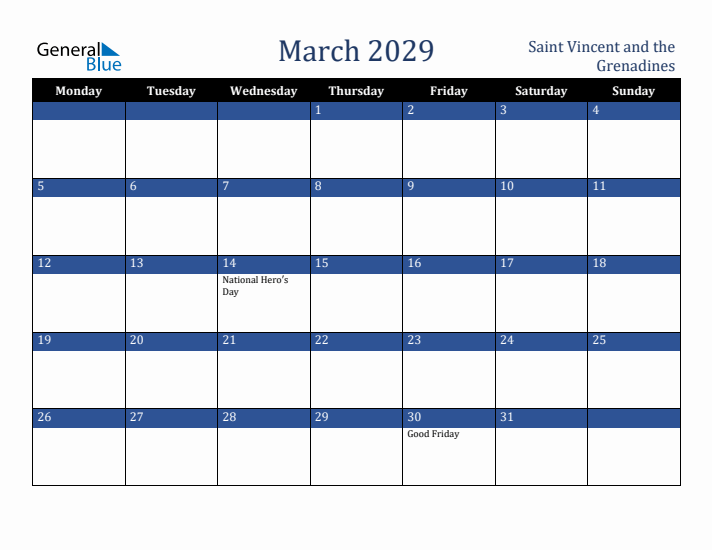 March 2029 Saint Vincent and the Grenadines Calendar (Monday Start)