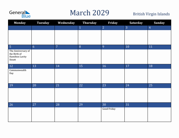March 2029 British Virgin Islands Calendar (Monday Start)