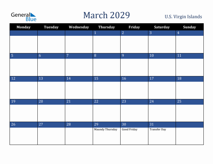 March 2029 U.S. Virgin Islands Calendar (Monday Start)
