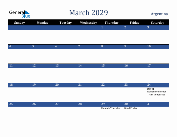 March 2029 Argentina Calendar (Sunday Start)