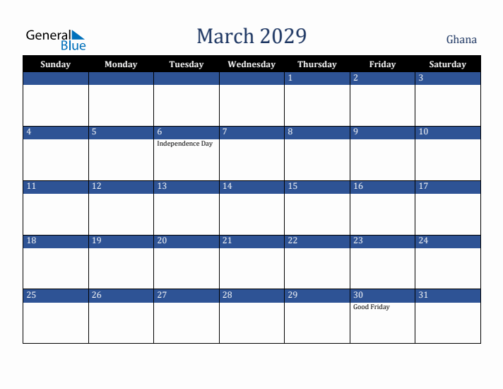 March 2029 Ghana Calendar (Sunday Start)