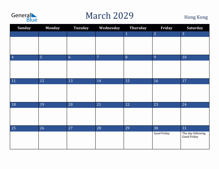 March 2029 Hong Kong Calendar (Sunday Start)