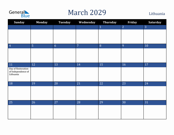 March 2029 Lithuania Calendar (Sunday Start)