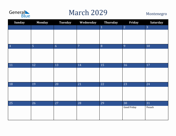 March 2029 Montenegro Calendar (Sunday Start)