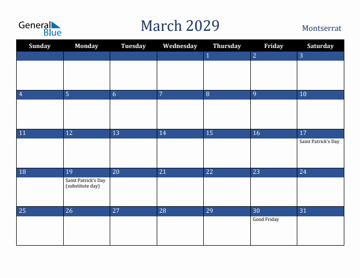 March 2029 Montserrat Calendar (Sunday Start)
