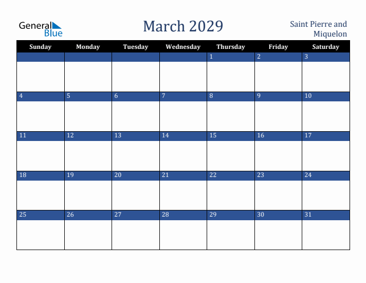March 2029 Saint Pierre and Miquelon Calendar (Sunday Start)