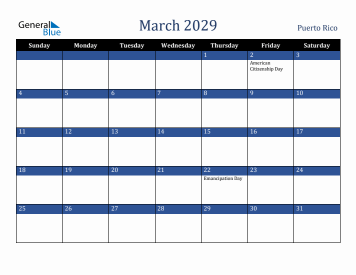 March 2029 Puerto Rico Calendar (Sunday Start)