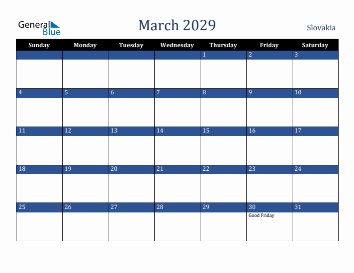 March 2029 Slovakia Calendar (Sunday Start)