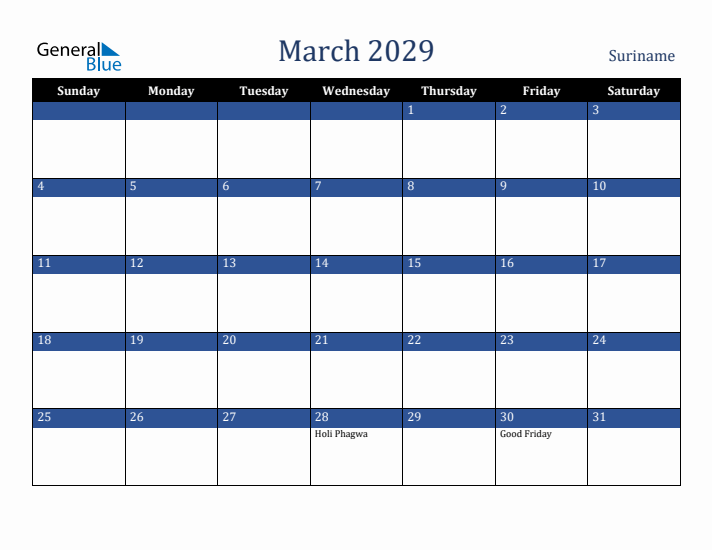 March 2029 Suriname Calendar (Sunday Start)