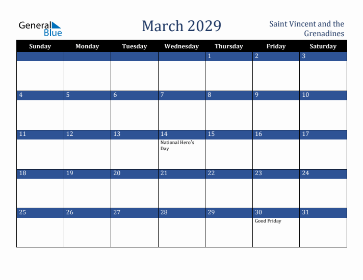 March 2029 Saint Vincent and the Grenadines Calendar (Sunday Start)