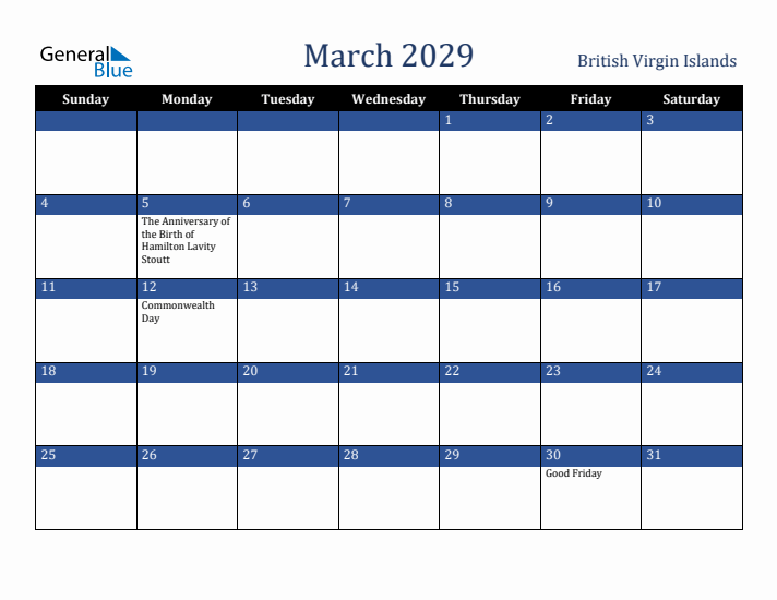 March 2029 British Virgin Islands Calendar (Sunday Start)