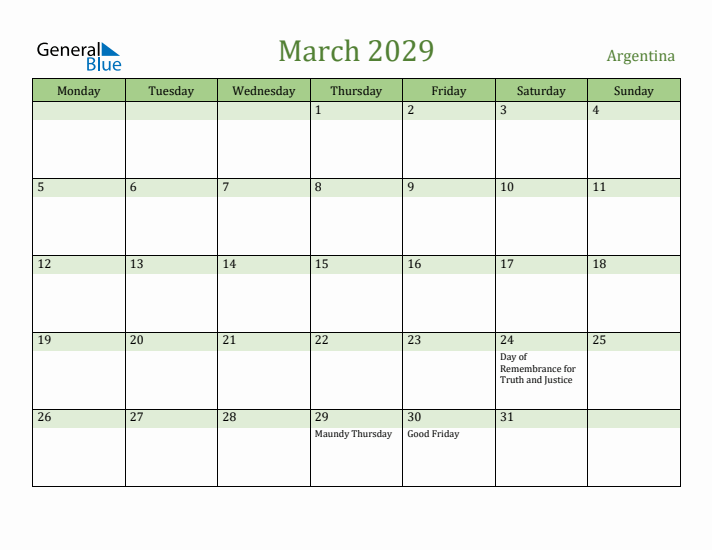March 2029 Calendar with Argentina Holidays