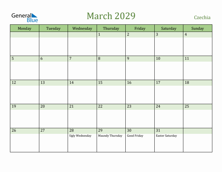 March 2029 Calendar with Czechia Holidays