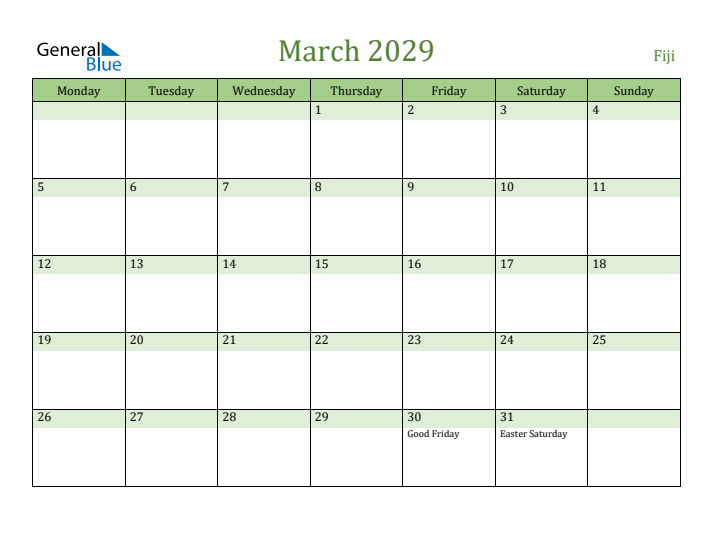 March 2029 Calendar with Fiji Holidays