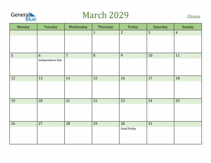 March 2029 Calendar with Ghana Holidays