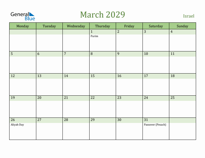 March 2029 Calendar with Israel Holidays