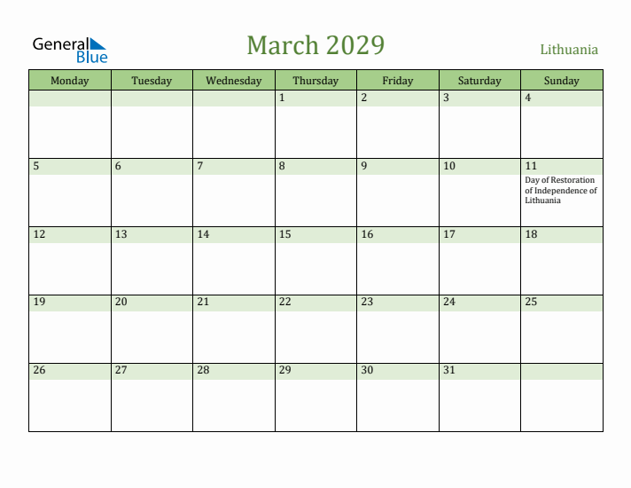 March 2029 Calendar with Lithuania Holidays