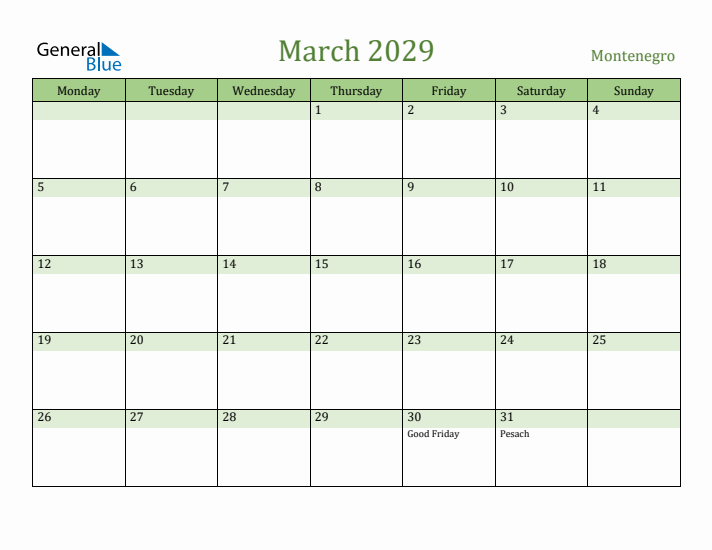 March 2029 Calendar with Montenegro Holidays