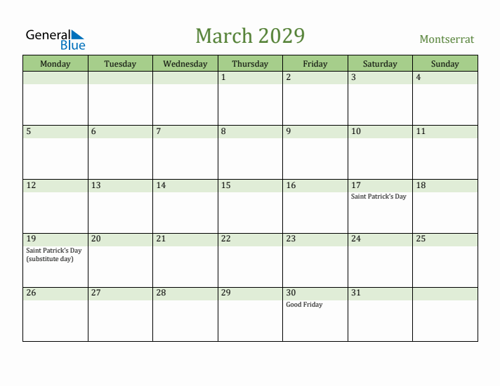 March 2029 Calendar with Montserrat Holidays