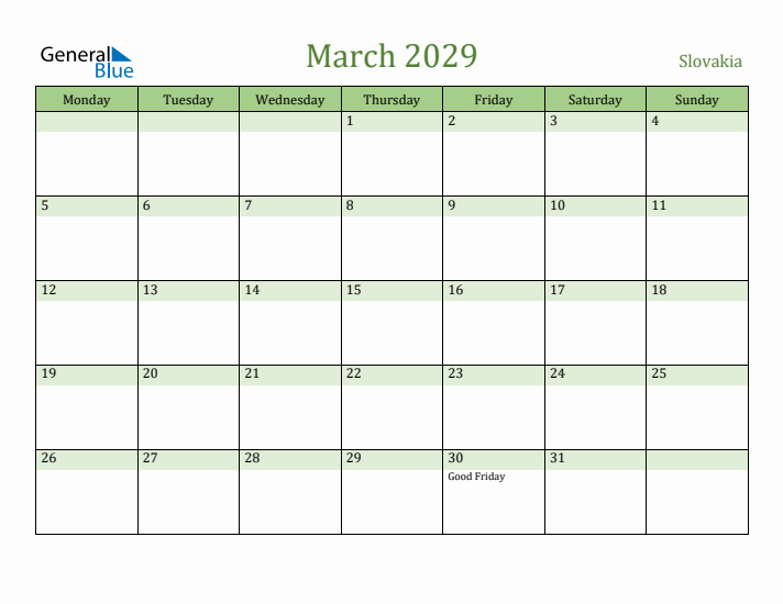 March 2029 Calendar with Slovakia Holidays