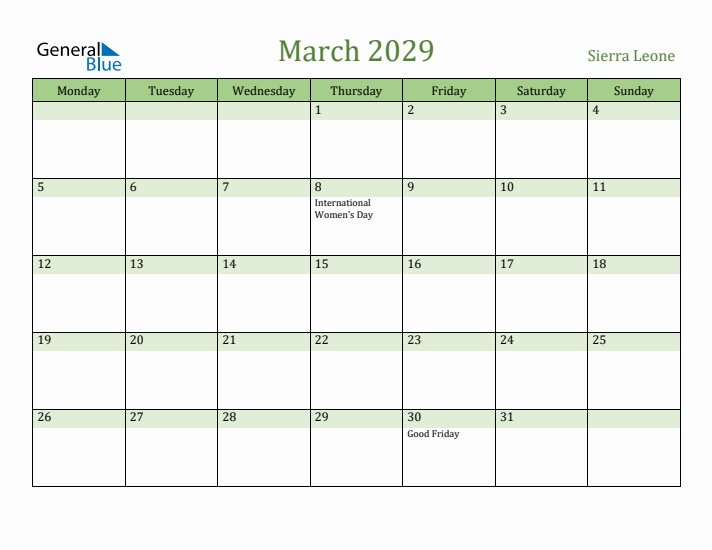 March 2029 Calendar with Sierra Leone Holidays