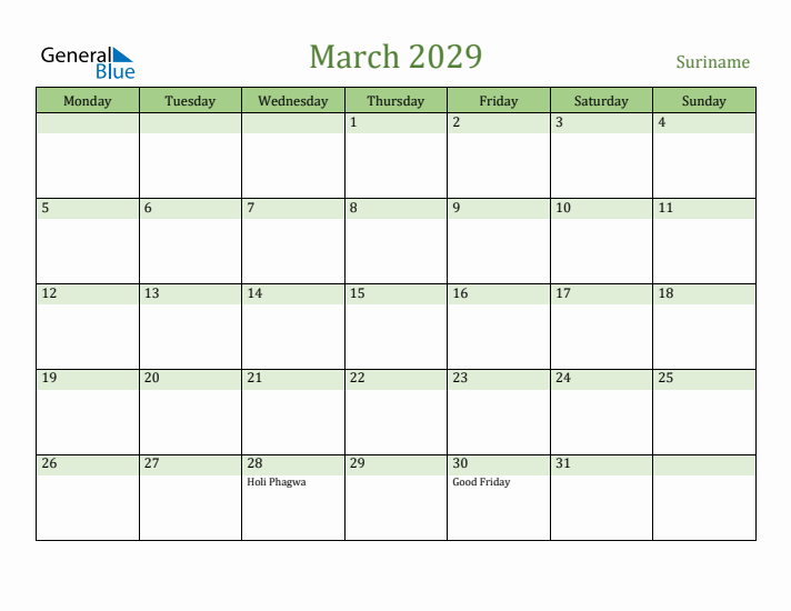 March 2029 Calendar with Suriname Holidays