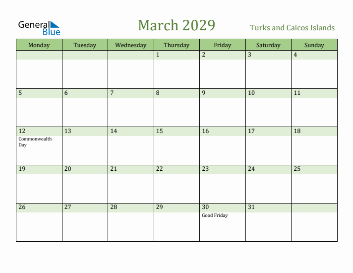 March 2029 Calendar with Turks and Caicos Islands Holidays
