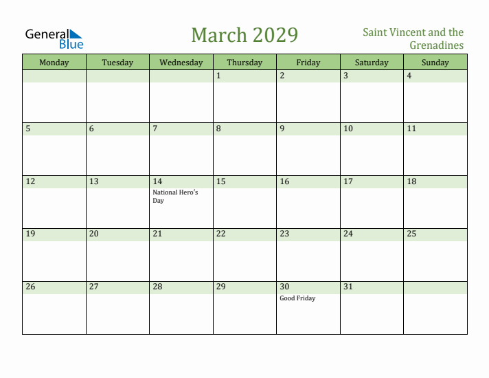 March 2029 Calendar with Saint Vincent and the Grenadines Holidays